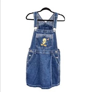 Vintage Looney Tunes Tweety Bird Denim Bib Overall Skort Womens Size Medium Vtg